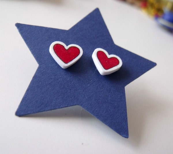 tiny hand-drawn stud/post earrings - red heart with white outline