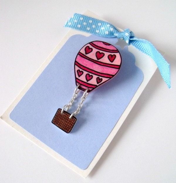heart stripes hot air balloon brooch with dangly basket