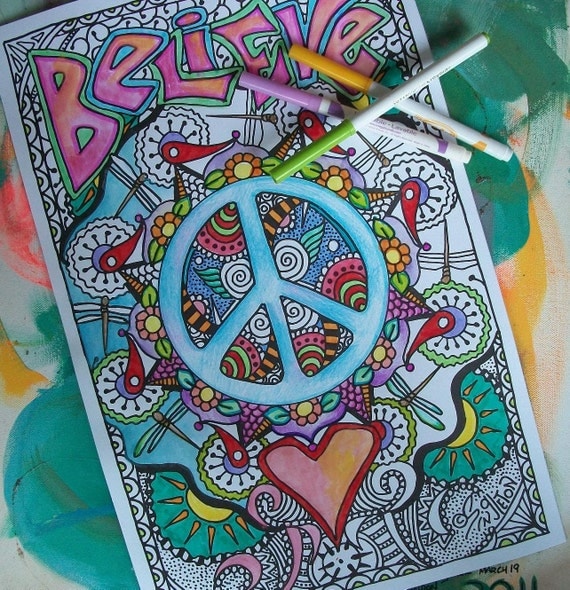 Hippie Coloring Pages, Believe in Peace and Love, Set of 2Posters, Singleton Hippie Art