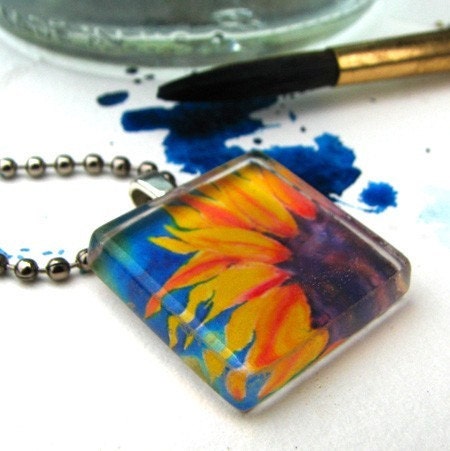 Sunflower Blaze, glass tile ART pendant necklace
