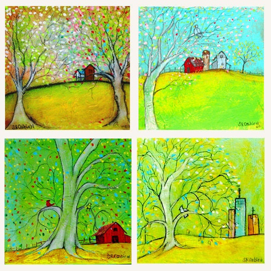 Home Collection: Print Set of Mixed Media Tree paintings,  (4) - 5 x 5" prints