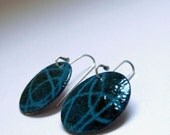 Stencil enameled earrings Turquoise and black enamels  Sterling silver and copper