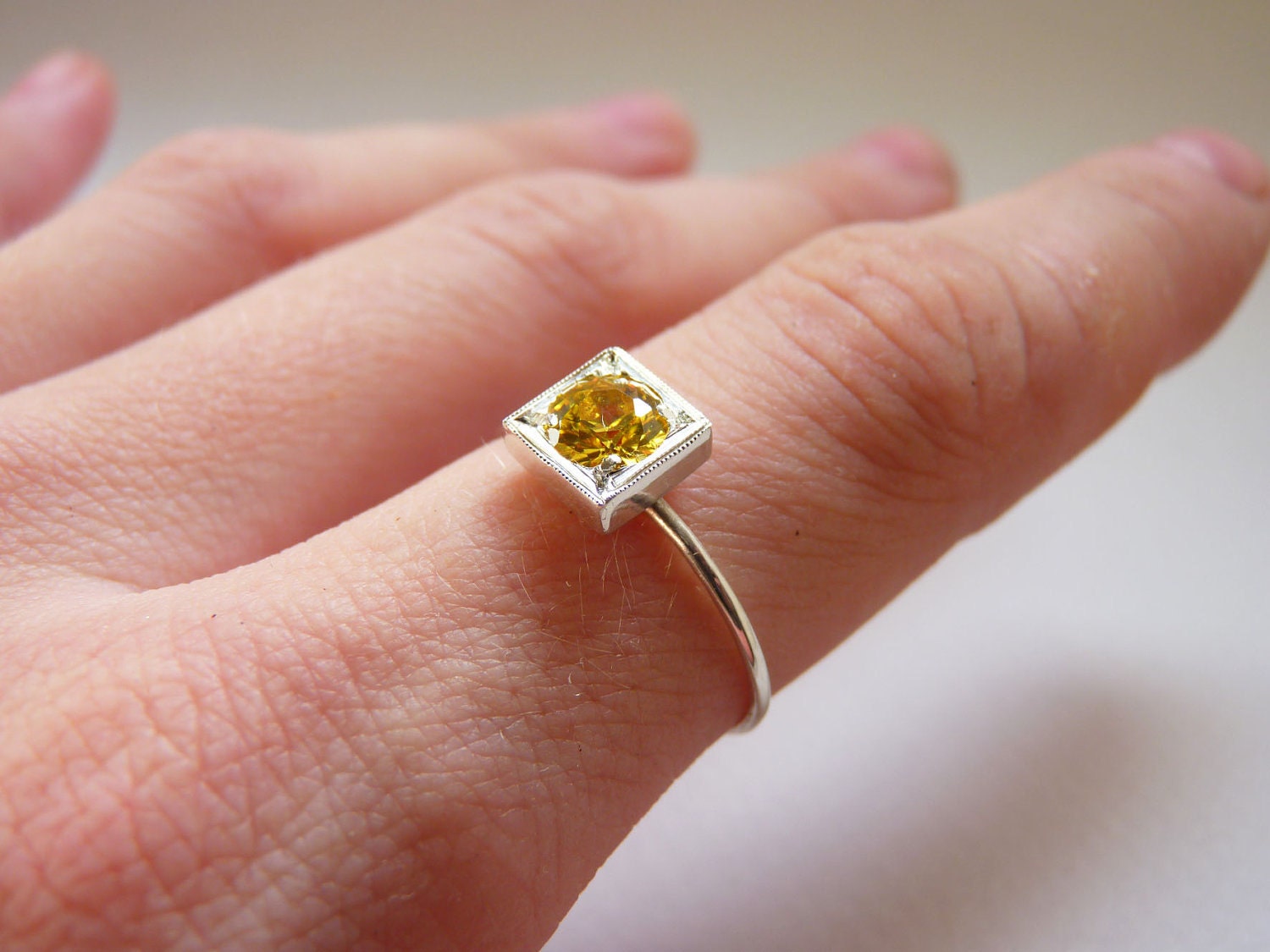 Citrine ring, One Little Stacking ring, Round Stone Shape, Sterling silver Custom Ring , November Birthstone, Yellow stone, Lab created gems