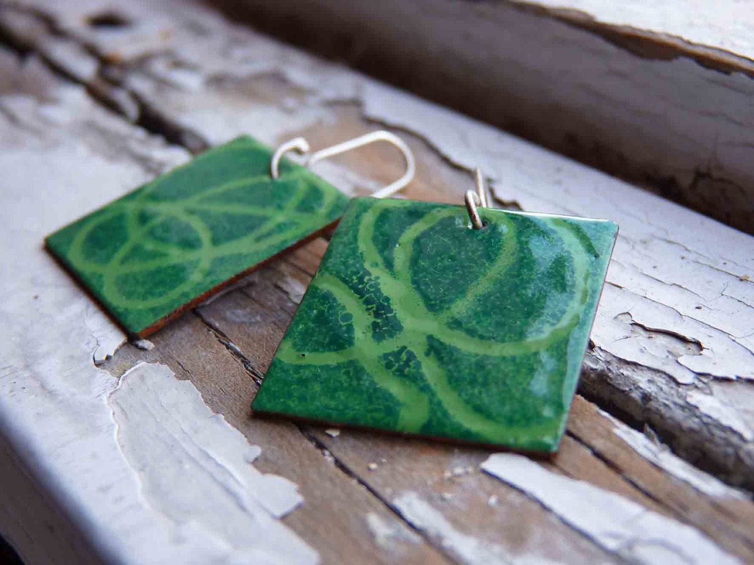 Enameled Stencil  earrings, Green and Green enamels, Squared, Sterling silver and copper