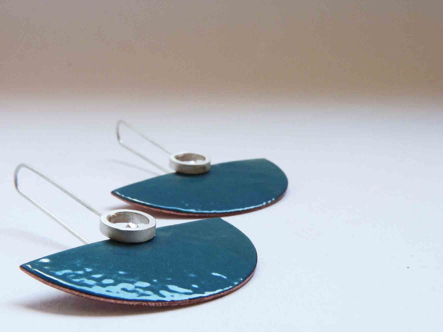 Sterling silver and copper with turquoise enamel, semicircle, dangle, elegant modern look and comfortable, art deco style."Deco II earrings"