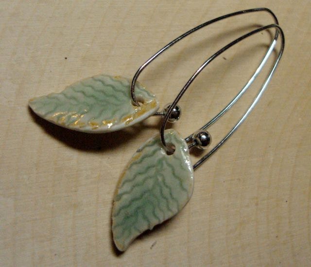 Sweetest hand formed porcelain leaf earrings in pale green celadon