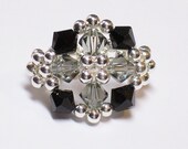 Jet Black Smoke Swarovski Crystal Silver Ring Size 6-7 Sparkly Shiny Handmade-Free Shipping