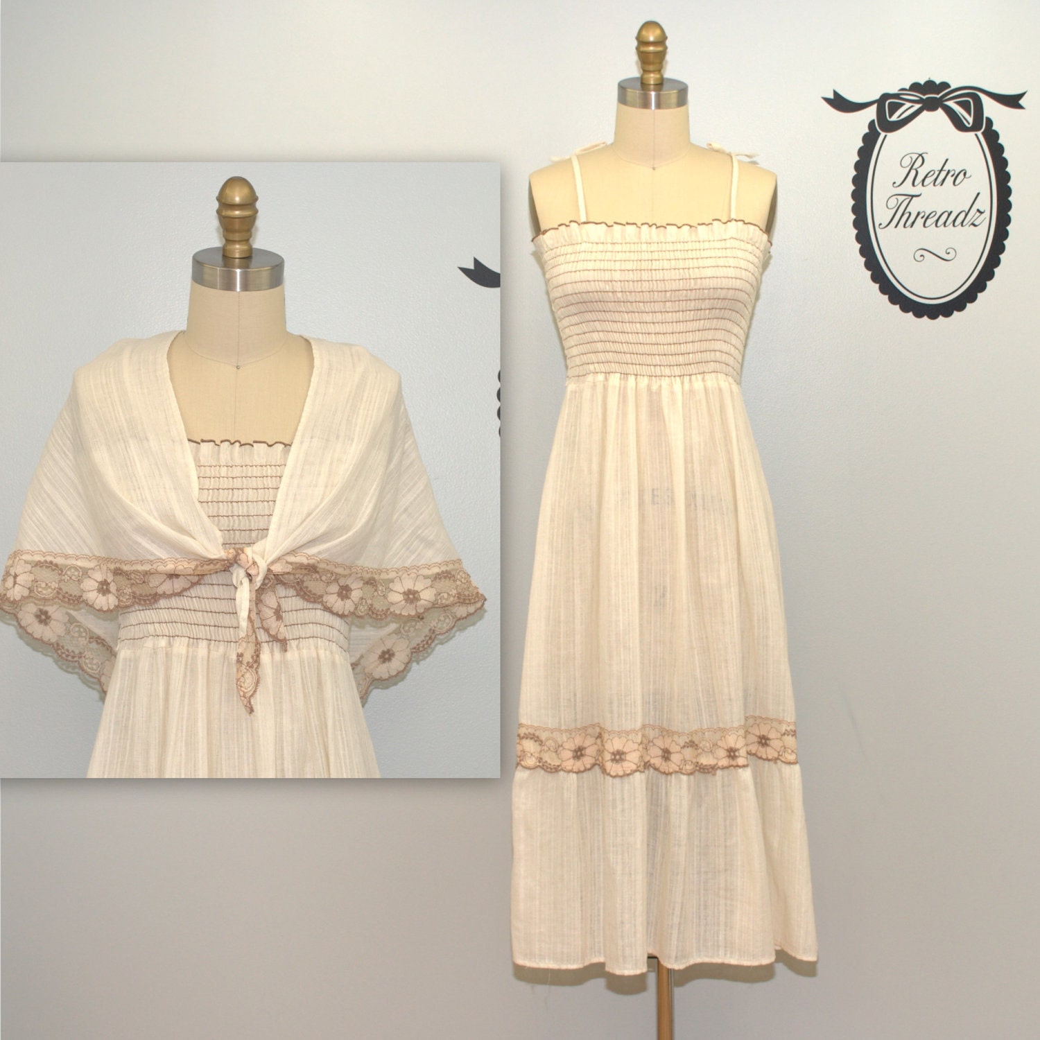 Vintage 1970s bohemian laced sundress with shawl / Small - Medium