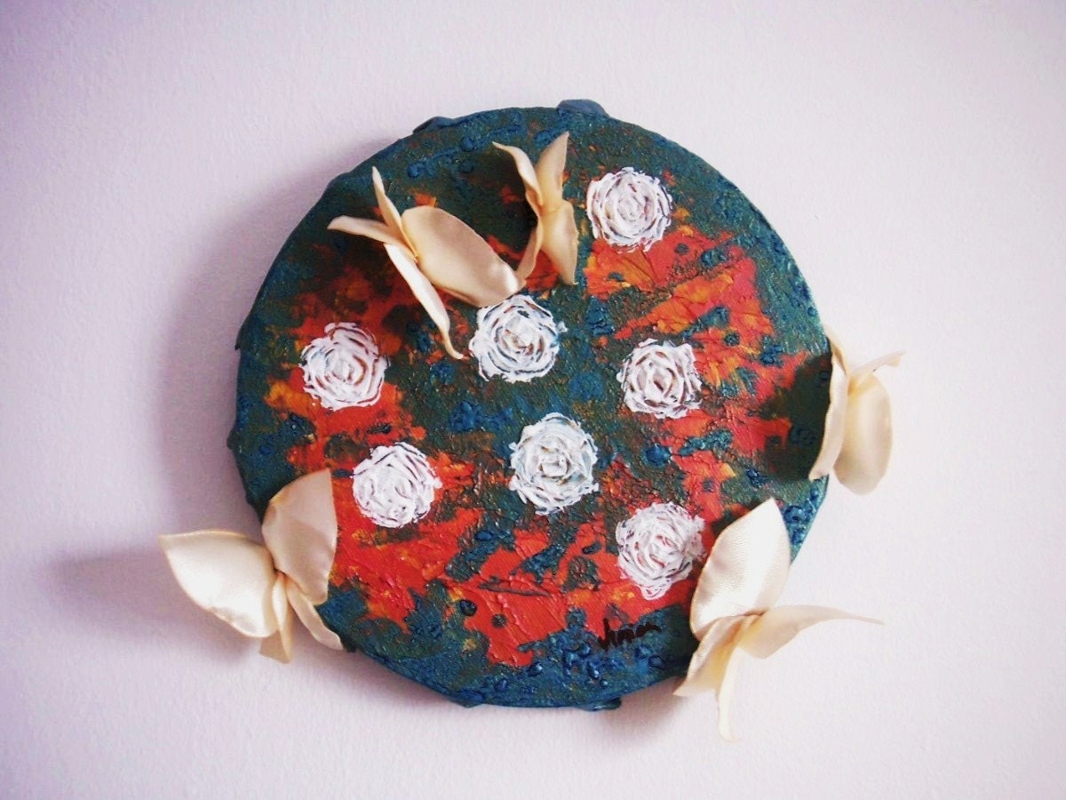 3D Mixed Media Original Contemporary Textured Painting Acrylic Handmade Satin Butterflies on Streched Round Canvas