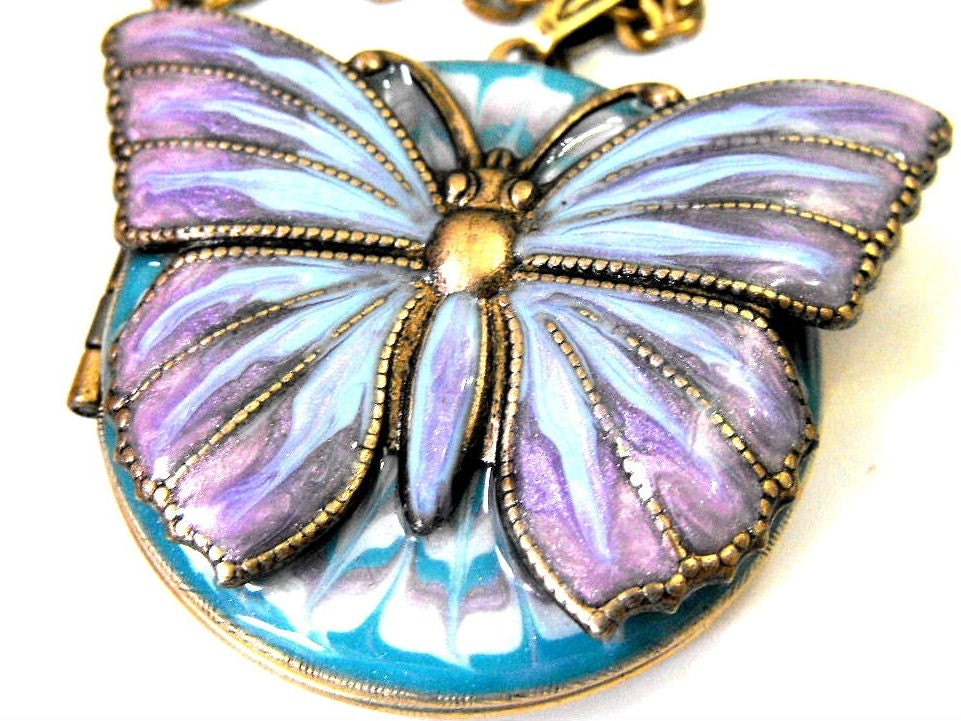 Sky Blue, Lavender, Turquoise Victorian Butterfly Locket Necklace