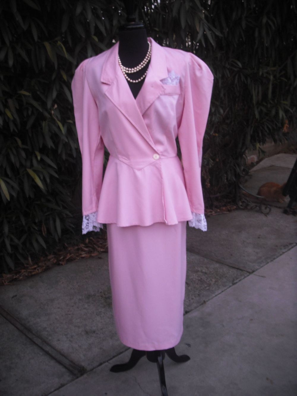 1980's PINK Power Suit w/Lace Accents and Peplum Skirt