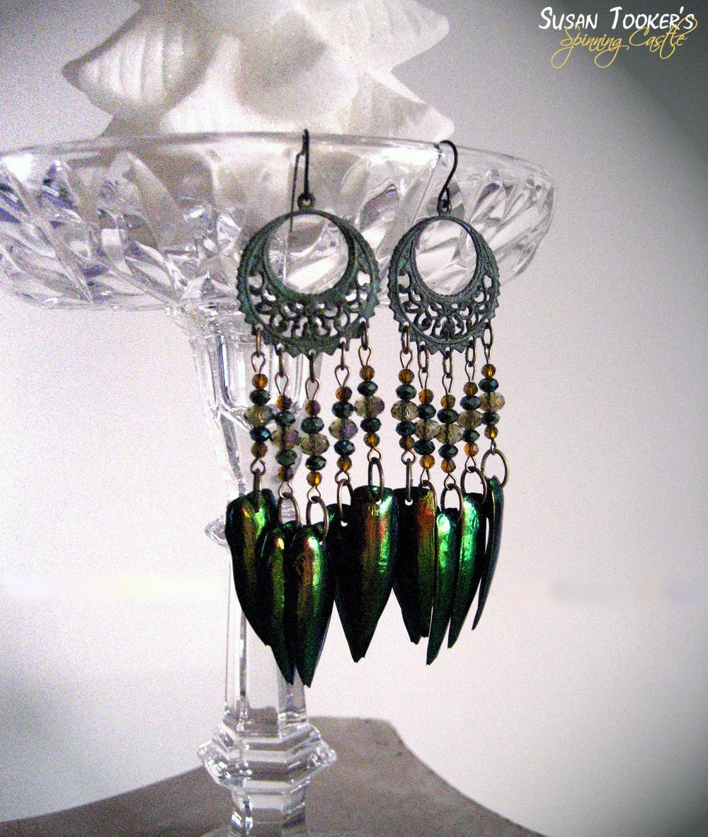 Tribal Jewel Beetle Elytra Iridescent Wings Brass Verdigris Patina Crescent Earrings Golden Green GYPSY SPRITE by Spinning Castle