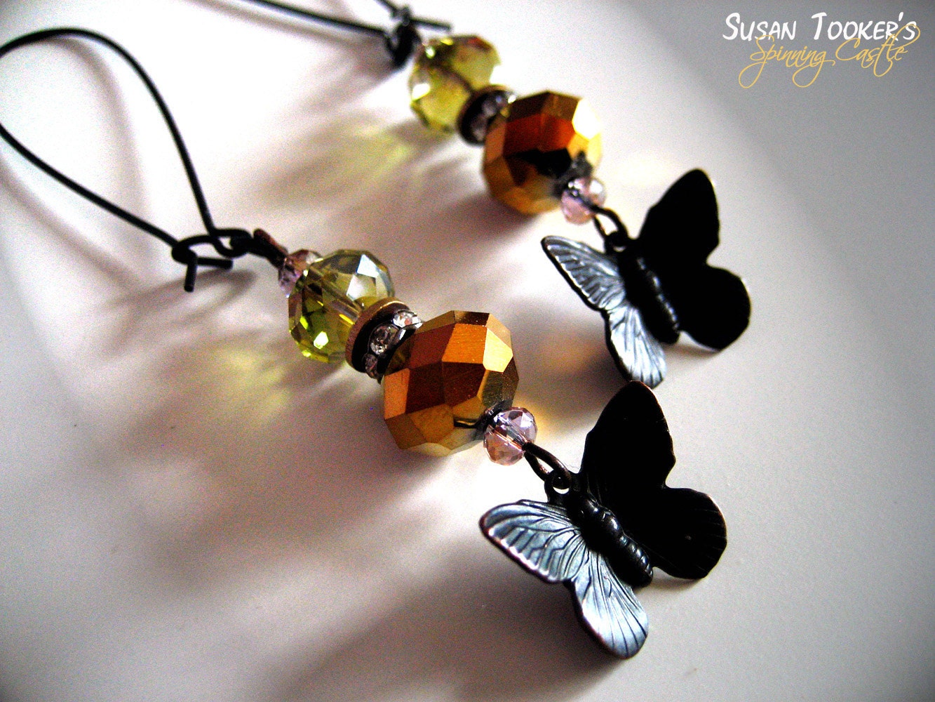 Dark Butterfly Charm Earrings  Gold Metallic Green Iridescent Pink Faceted Dangles BUTTERFLY GARDEN by Spinning Castle