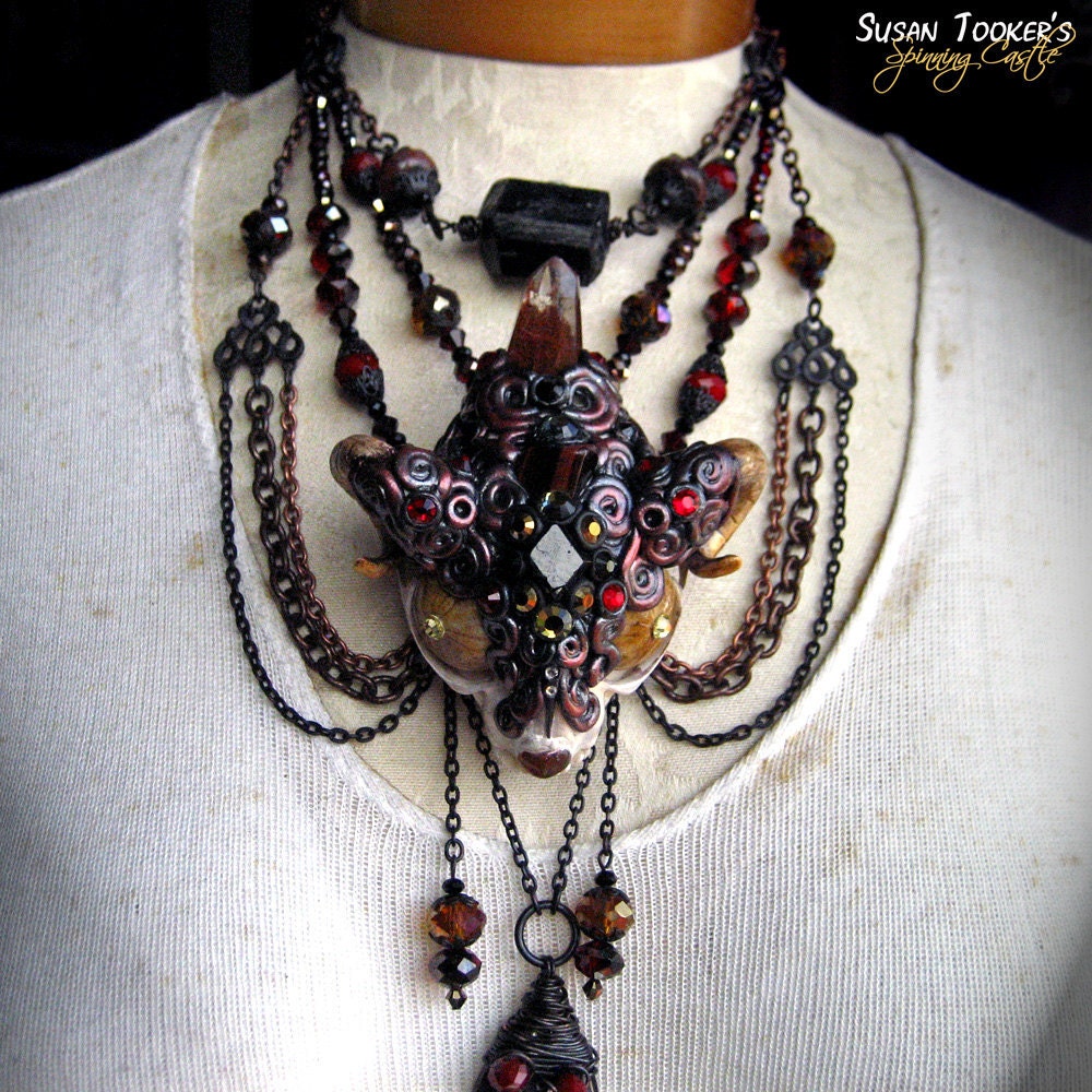 SOLD Cat Skull Necklace Tribal Amulet Red Tigers Eye Black Tourmaline Pagan Talisman Wiccan Costume  FIREHORN DRAGO by Spinning Castle