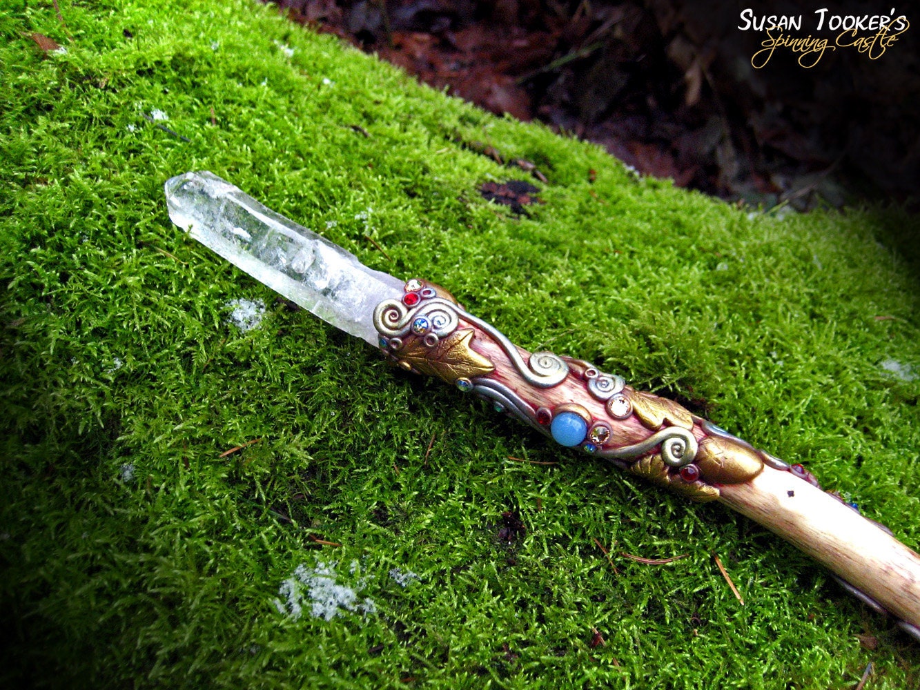 RESERVED Magic Crystal Wand Lemurian Aurora Anandalite Chrysocolla Oak Leaves Wiccan Reiki Pagan Altar WINTERGLADE KISS by Spinning Castle
