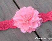 baby headband pink/coral tulle and satin fabric flower puff on a red super soft lace stretch headband in your choice of size