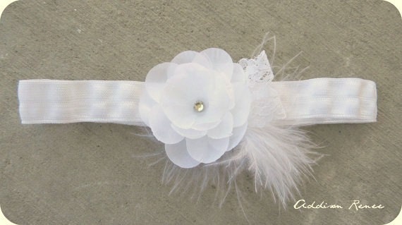 white flower headband - white silk flower on a matching soft stretch headband with a white feather - all sizes