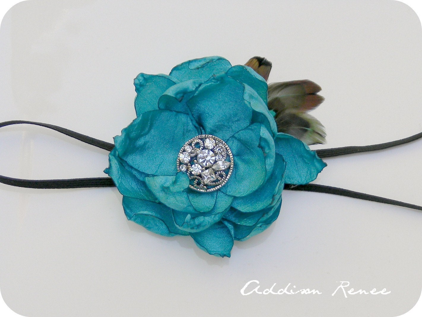 Fabric flower headband for adults teens and children turquoise aqua handmade fabric flower with feathers on a thin black elastic headband