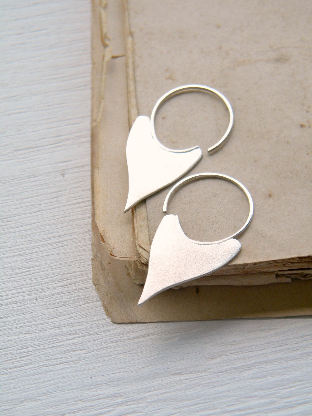 CIJ FREE SHIPPING - Oriental Petal Hoops - handmade solid sterling silver hoop oxidized and brushed, satin earrings,