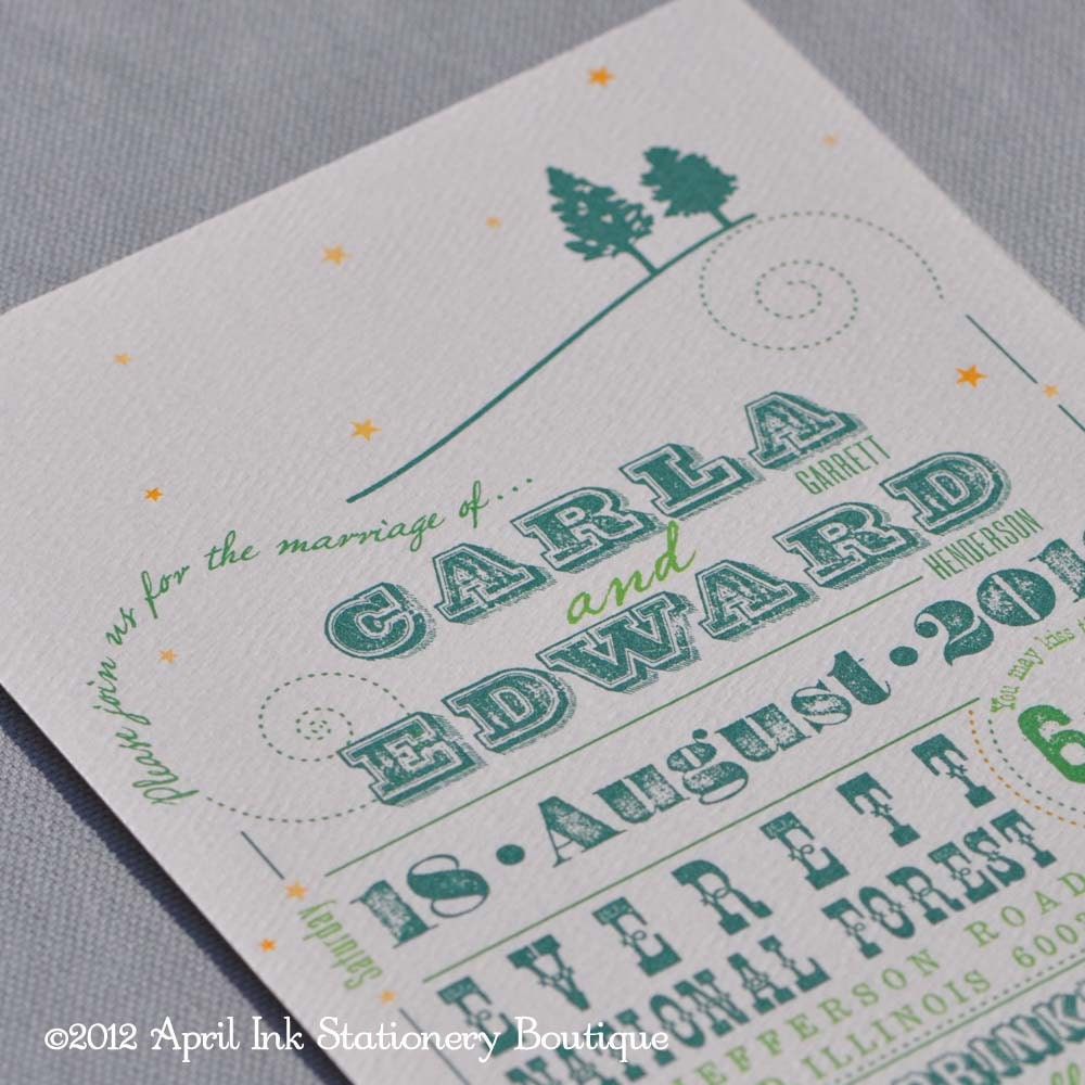 Stars and Trees Woodcut Inspired Wedding Invitation