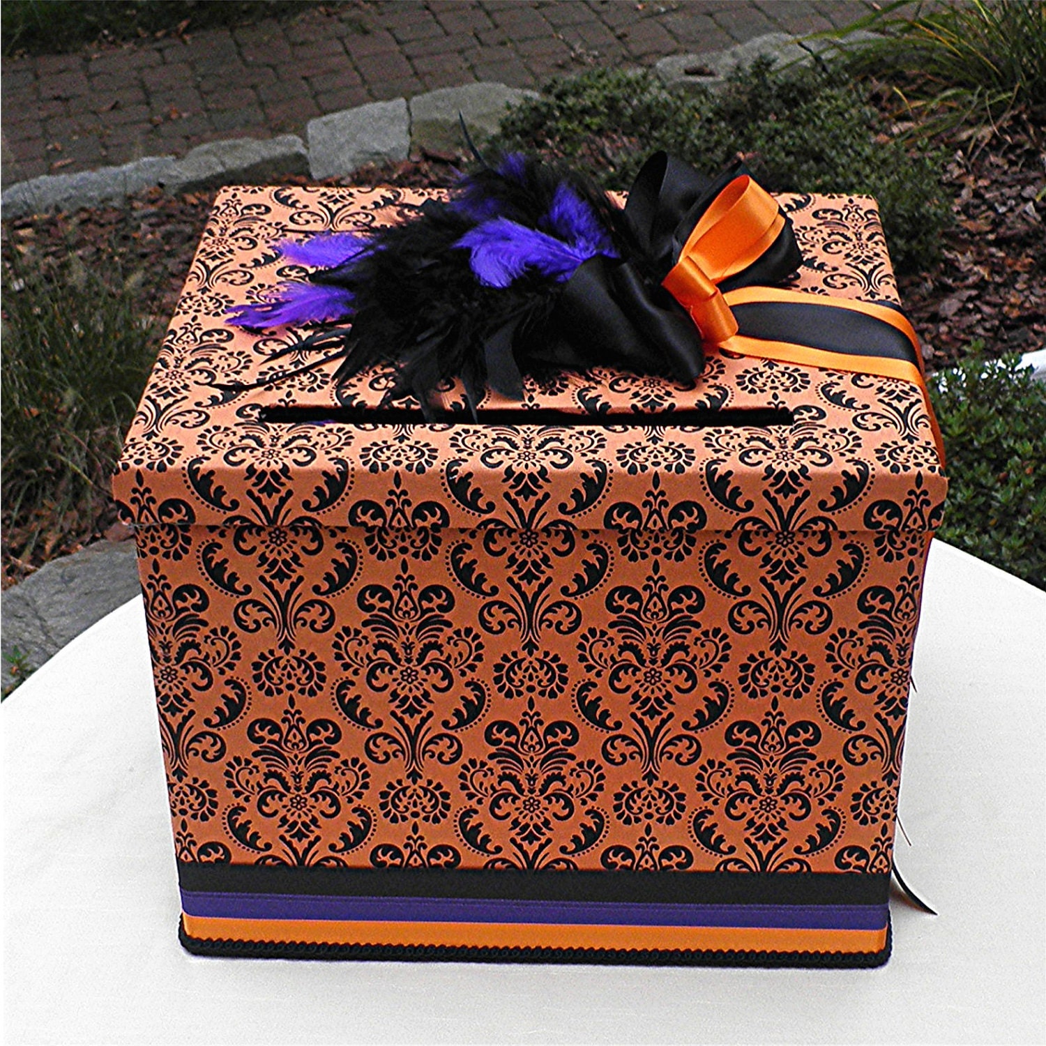 HALLOWEEN  Wedding Card Money Box Large Wedding  Black Orange DAMASK Accent Color  FEATHERS