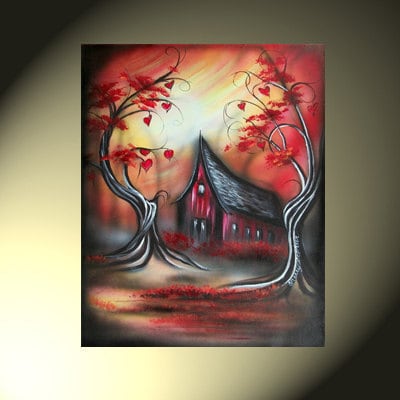 Original Fantasy Landscape Artwork House With Heart Trees 16x20 Red Orange Yellow
