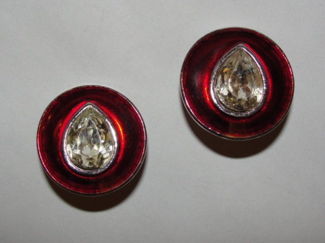 YSL Yves Saint Laurent Faceted Crystal Tear Drop Head Light Earrings Silvertone with Red Enamel