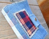 Blank Handmade Journal Long Stitch Repurposed Blue Denim and Flannel Snap Closure Sketchbook