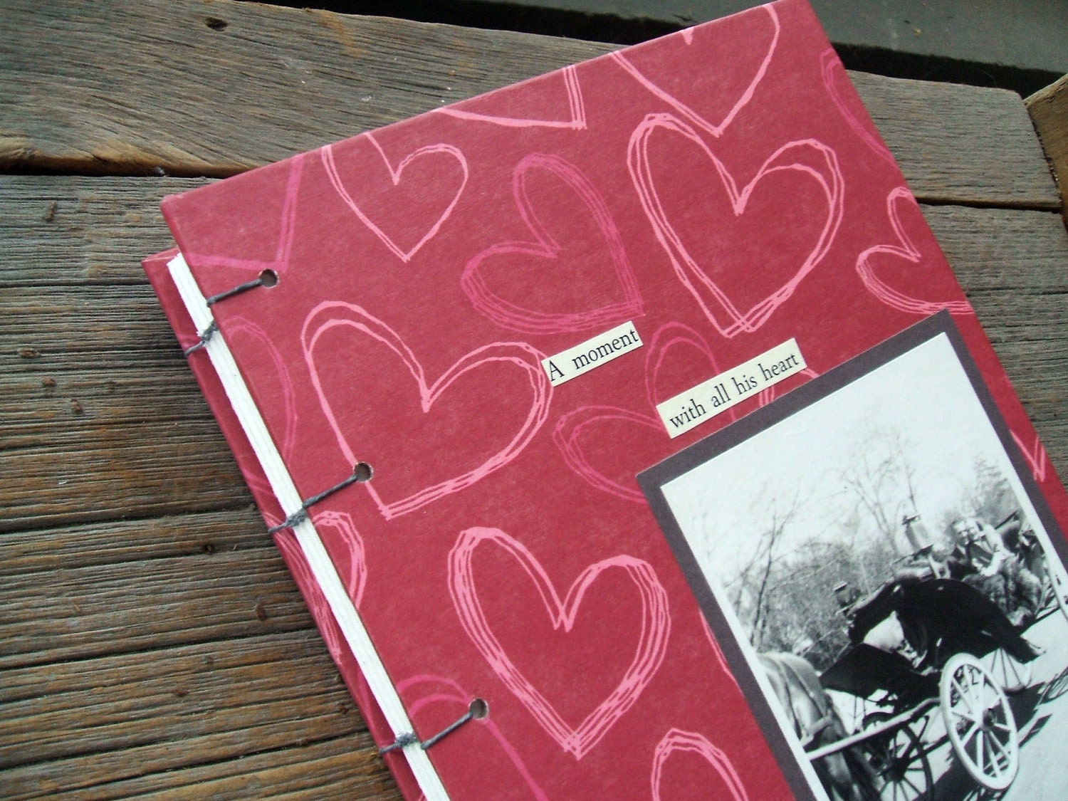 Hearts Handmade Journal With Vintage Photo of Couple in Carriage