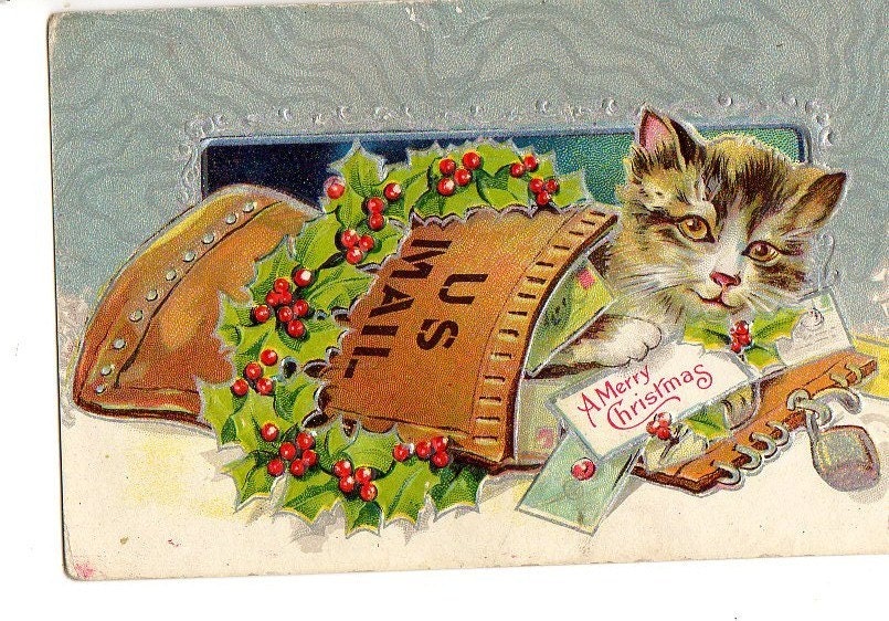 Merry Christmas  Embossed Vintage Easter Postcard Cat  in Mail bag