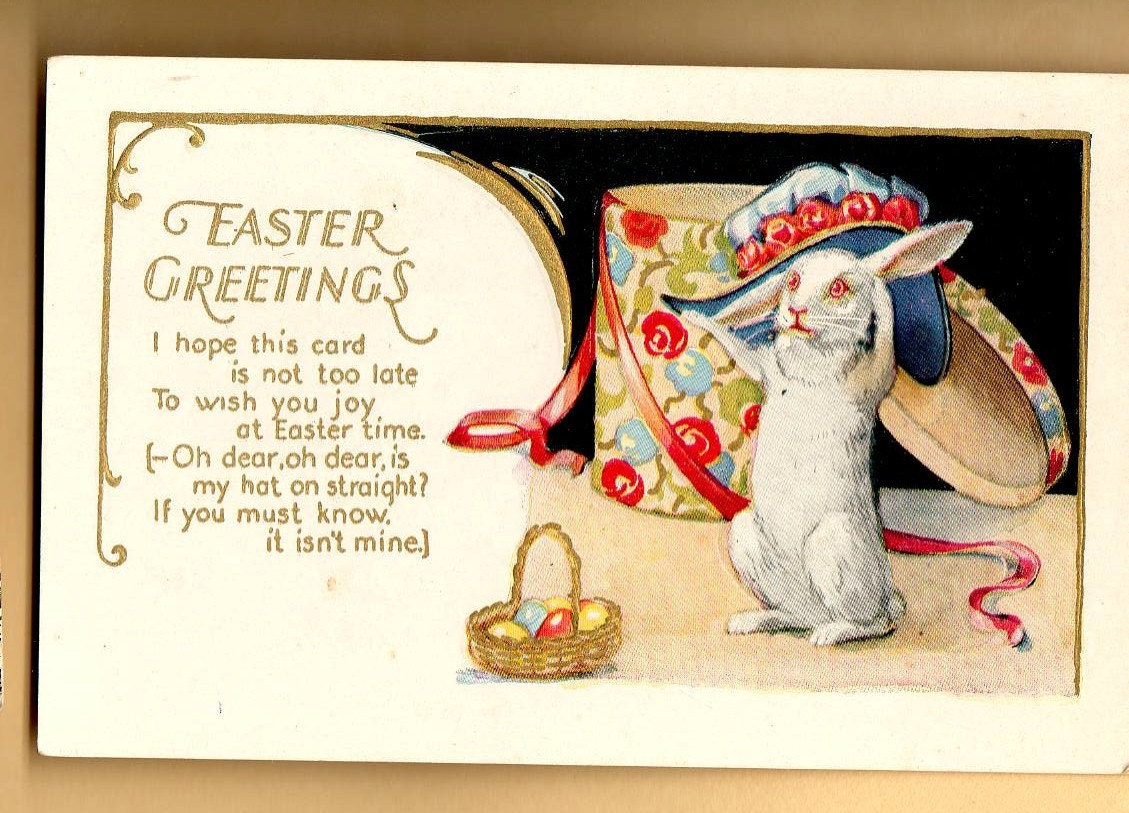 Easter Bunny Tries on Hat Vintage Postcard