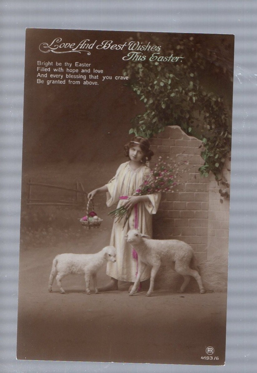 Easter post card, lambs, girl, Vintage Postcard, Easter carte postale RPPC