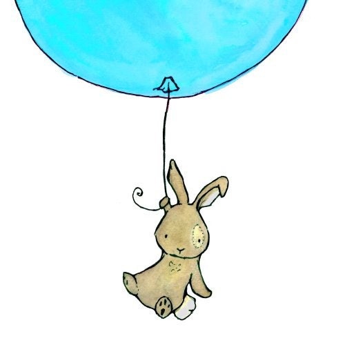 children's original watercolor painting--Bunny Balloon aqua--8x10 archival art print