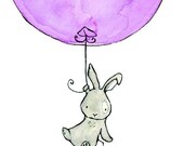 Bunny Balloon in Lavender 13X19 Nursery Art Print for childrens room, baby
