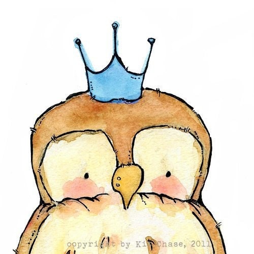 Royal Little Owl blue crown 8x10 Children's Art Print