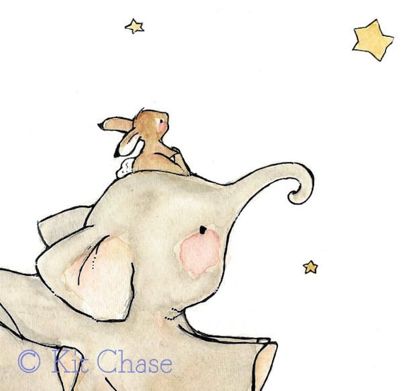 Children's Art Print 5x7 Wish Upon A Star Elephant and Rabbit
