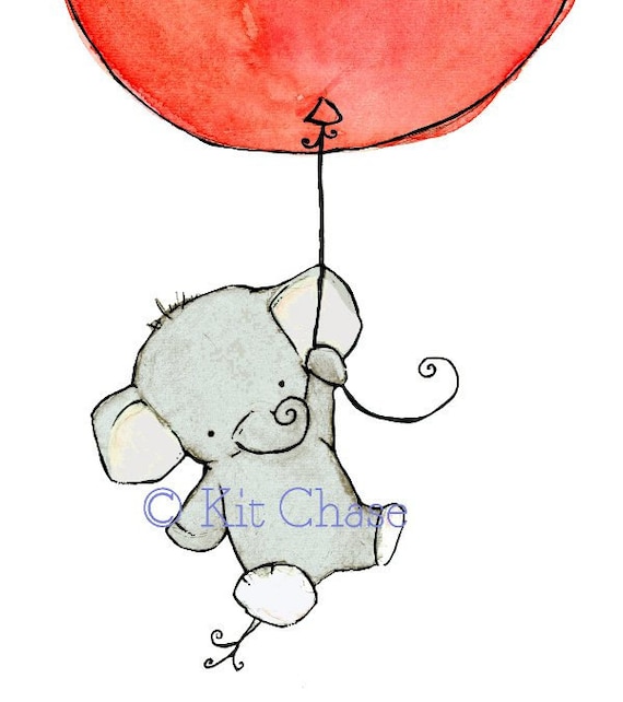 Elephant Children's Art Print 5x7 cherry red balloon Flying High