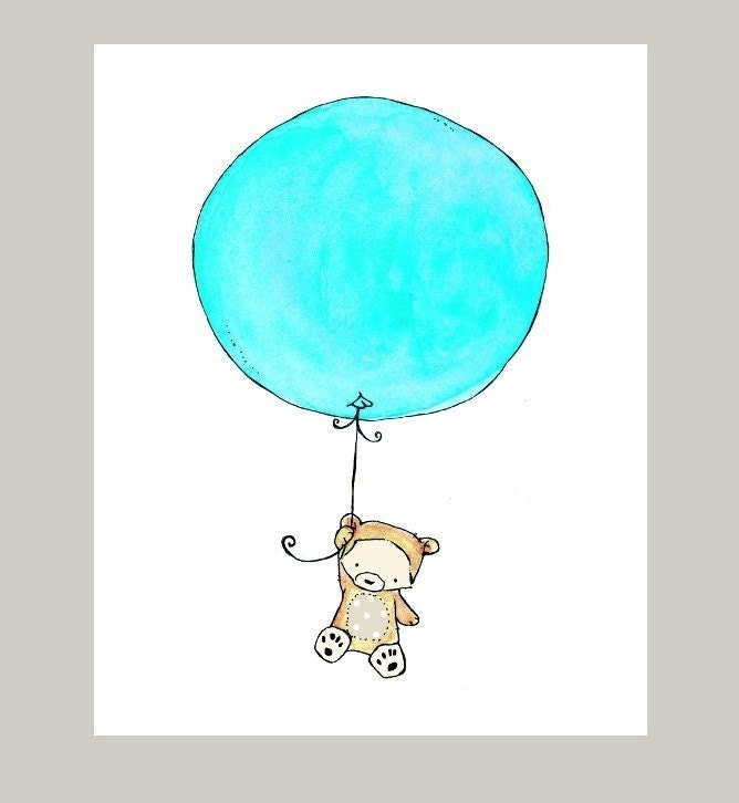 Flying High Bear with an Aqua Splash Balloon 8x10 Nursery Art Print