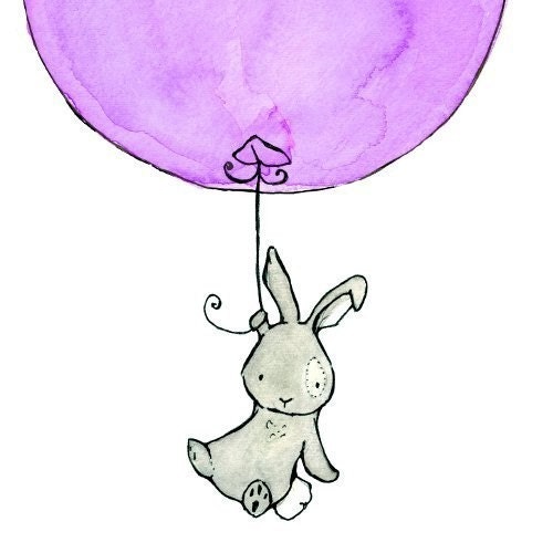 Bunny Balloon in Lavender 8X10 Nursery Art Print for childrens room, baby