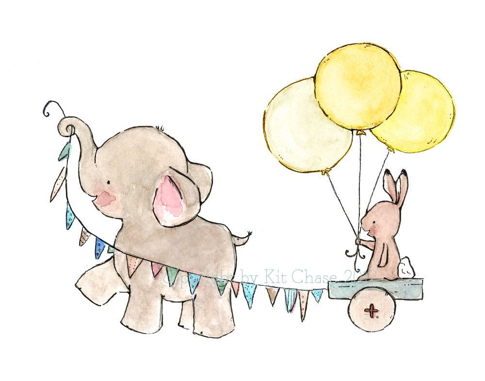 baby elephant and bunny decor--- JOYRIDE sunishine-- 8x10 Archival Art Print