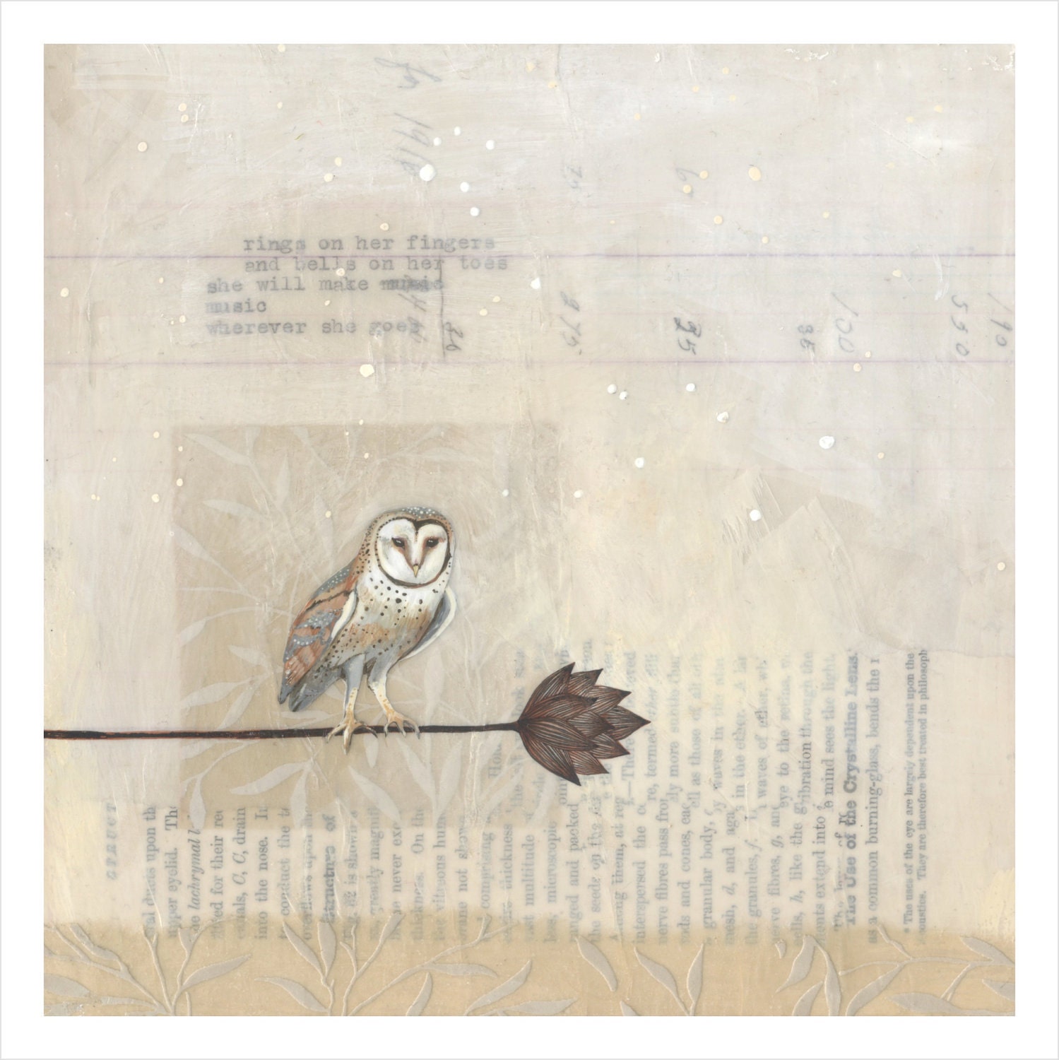 Barn Owl ARCHIVAL PRINT - 7x7  "owl art" smokey blossom cream white, Woodland abstract barn owl art