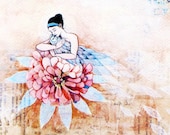 Mothers day gift / Pink Peach blue Abstract Flower reproduction print / Owl woman Love / Mother Art