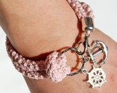 Nautical bracelet, pink crochet, silver rudder and anchor - made to order