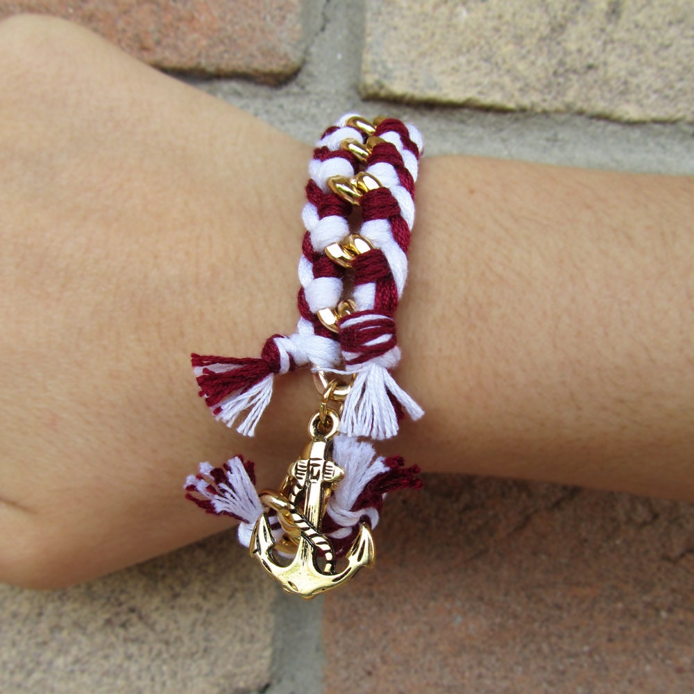 Nautical bracelet, white, red and gold chain, and an anchor charm - Made to order