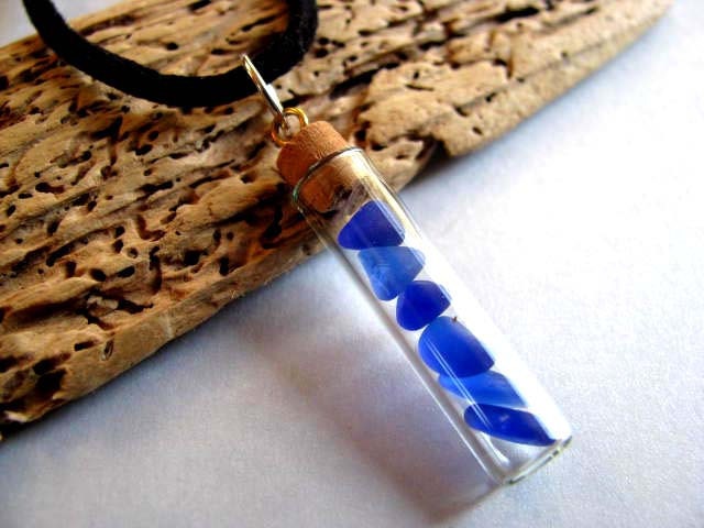 Recycled Jewelry - Cobalt Blue Sea Glass Necklace - Miniature Bottle - Sea Glass