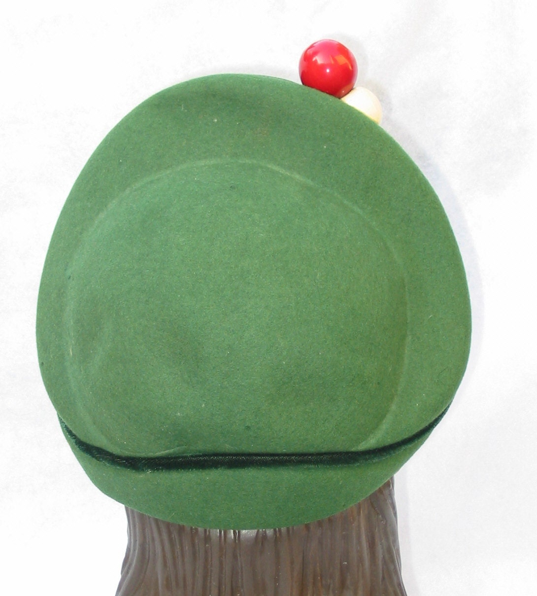 40's 50's Vintage Green Felt Hat With Wooden Ball Decoration 22 1/2