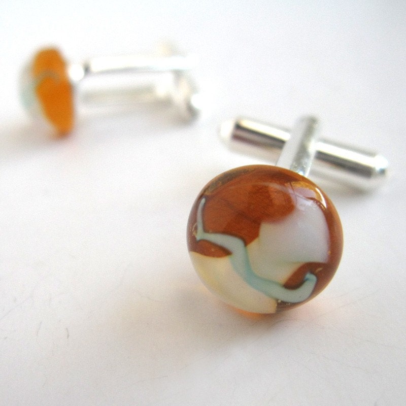 Amber, White and Blue Lampwork Glass Protozoan Cufflinks