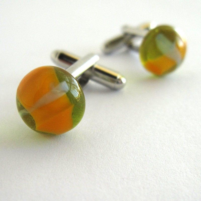 Green, Yellow and Periwinkle Glass Protozoan Cufflinks