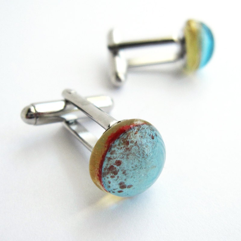 Light Amber and Blue Lampwork Glass Protozoan Cufflinks