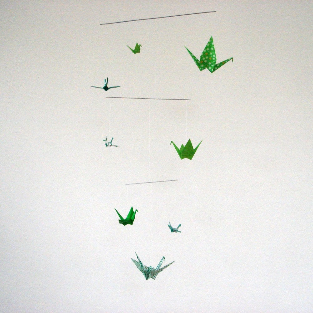 SALE / Swarm of green cranes / mobile / extra small